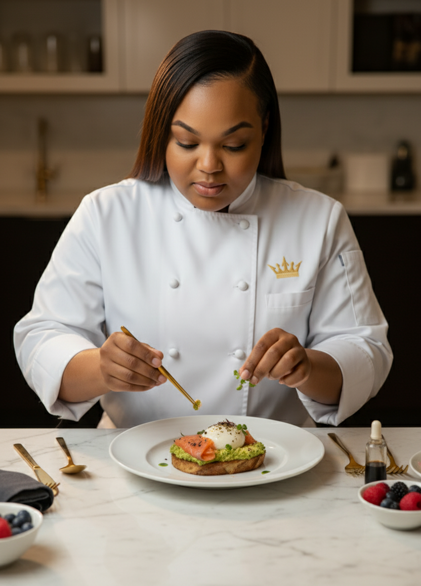 Chef Regina Whittington plating a brunch dish on a marble counter