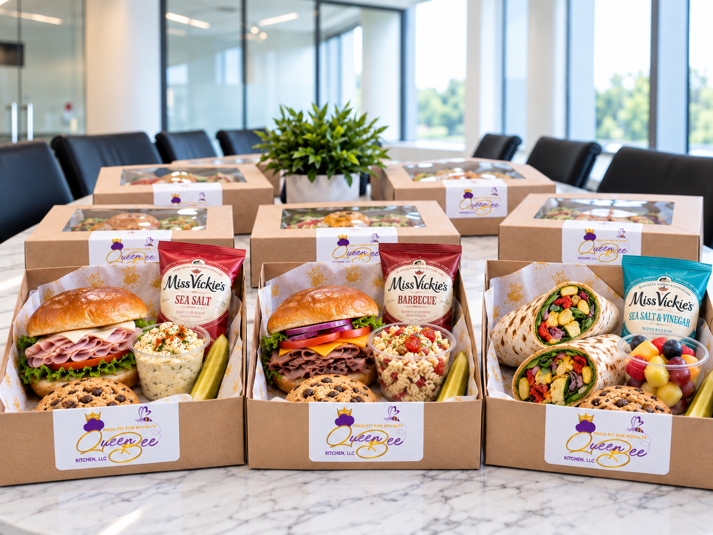 Three Queen Bee Kitchen boxed lunches — ham and cheese sandwich, roast beef sandwich, and vegetable wrap — with pasta salad, chips, fruit, pickles, and cookies in a bright conference room